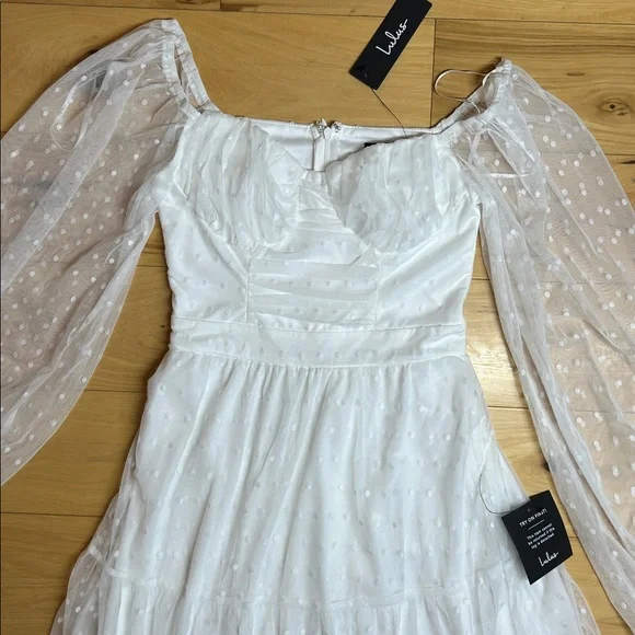 NWT Lulus White Long Sleeve Tiered Dress with Sheer Polka Dot Sleeves | Size XS - Picture 4 of 11